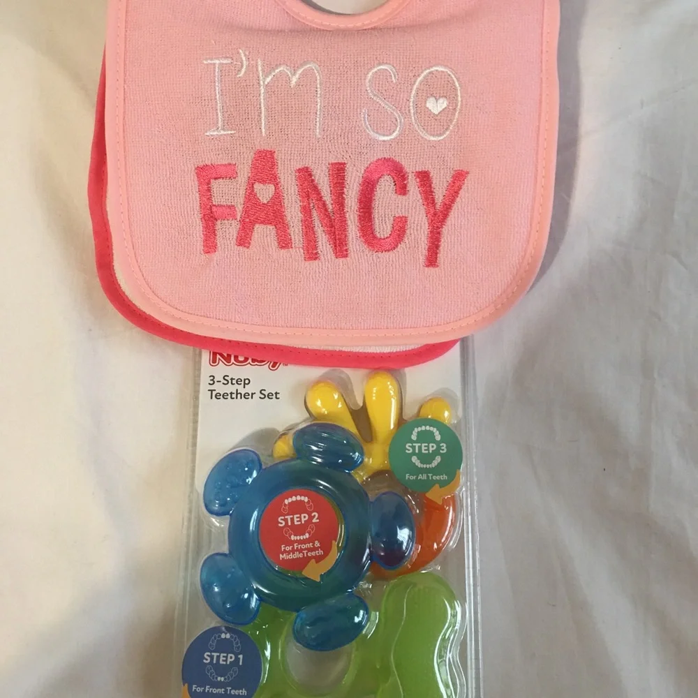 Kids bibs and nuby 3 stage teether set /New